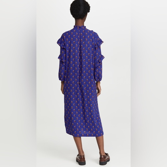 NWT Baum Und Pferdgarten Ahadi Long Sleeve Ruffle Midi Dress 36 Blue Floral - Picture 2 of 16